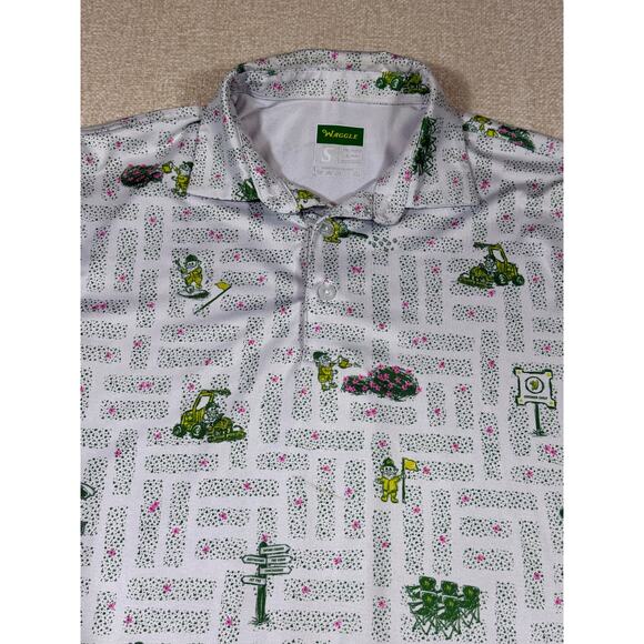 Waggle Men White Green Small Short Sleeve 3 Button Golf Gnome Print Polo Shirt - Picture 5 of 7
